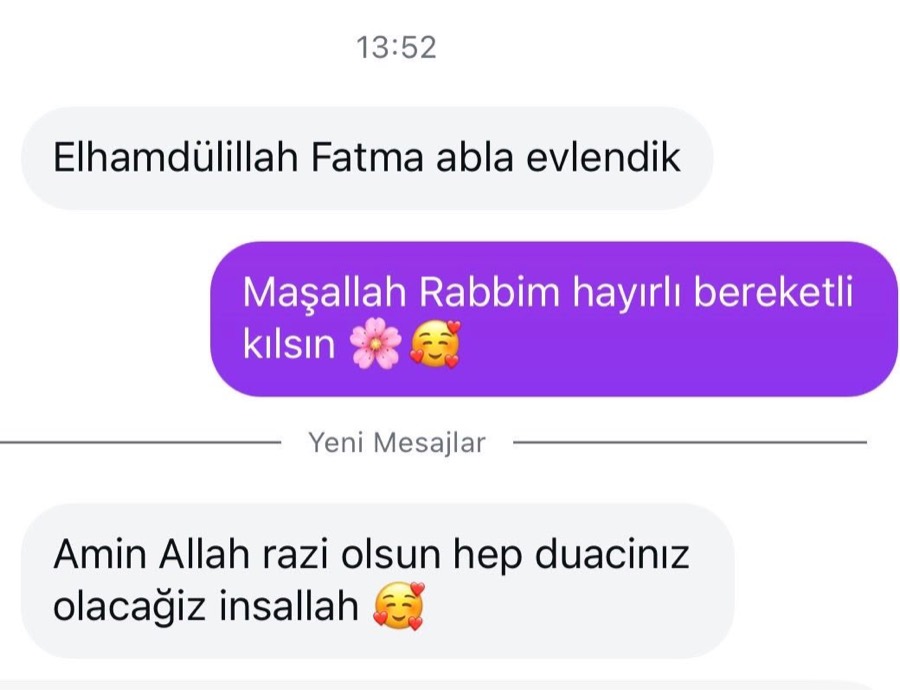 Bir üyenin mesajı: Elhamdülillah Fatma abla evlendik.