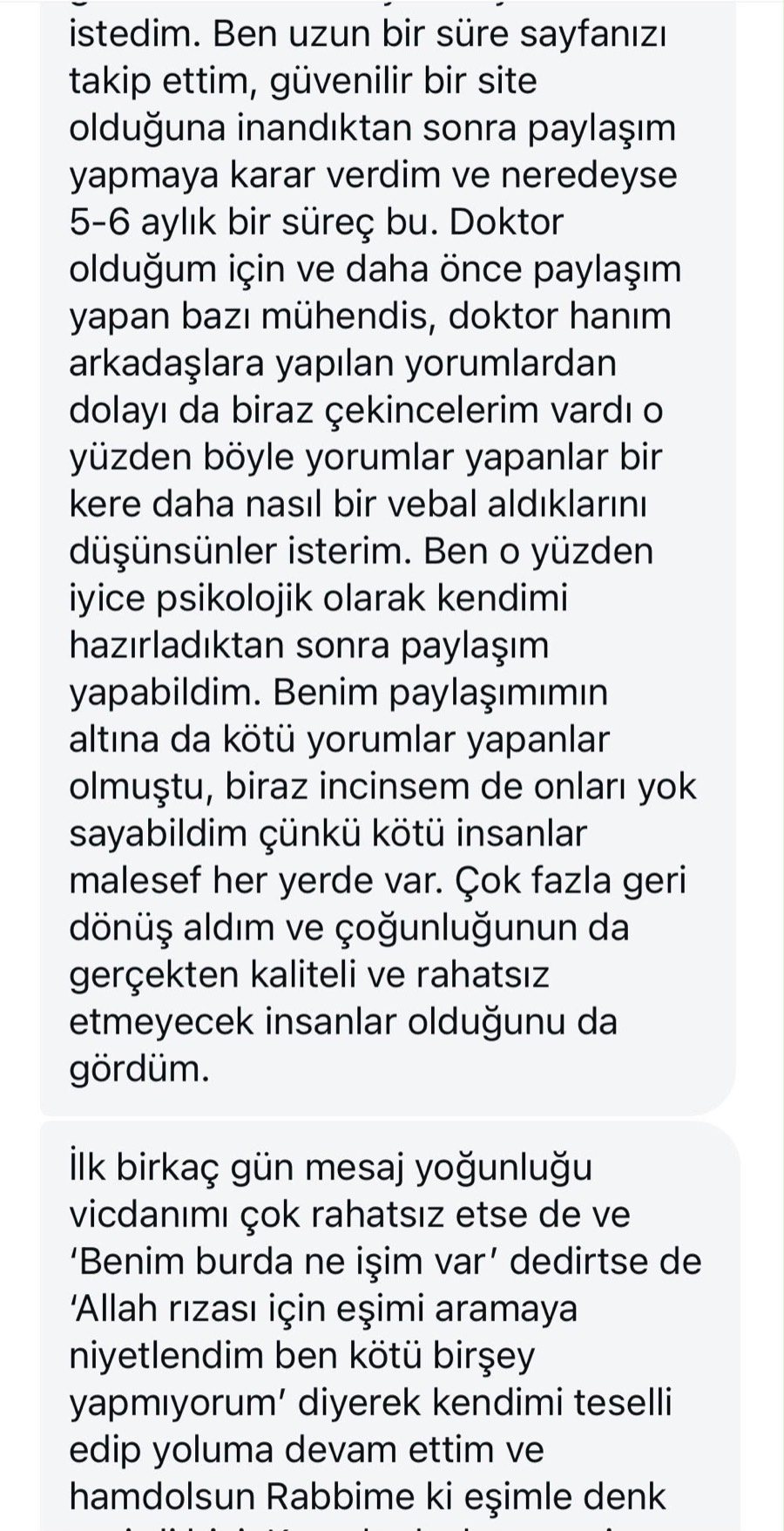 Uzun bir teşekkür mesajının devamı: Allah rızası için eşimi aramaya niyetlendim diyerek yoluma devam ettim.