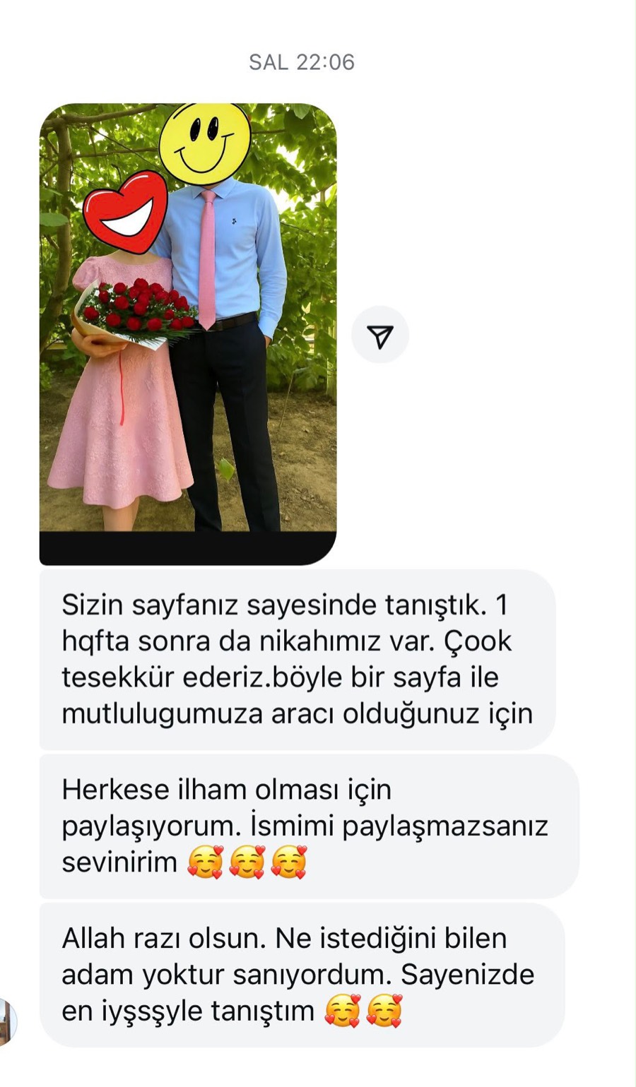 Yüzleri gizlenmiş bir çift fotoğrafı ve mesajı: Sizin sayfanız sayesinde tanıştık, bir hafta sonra da nikâhımız var.