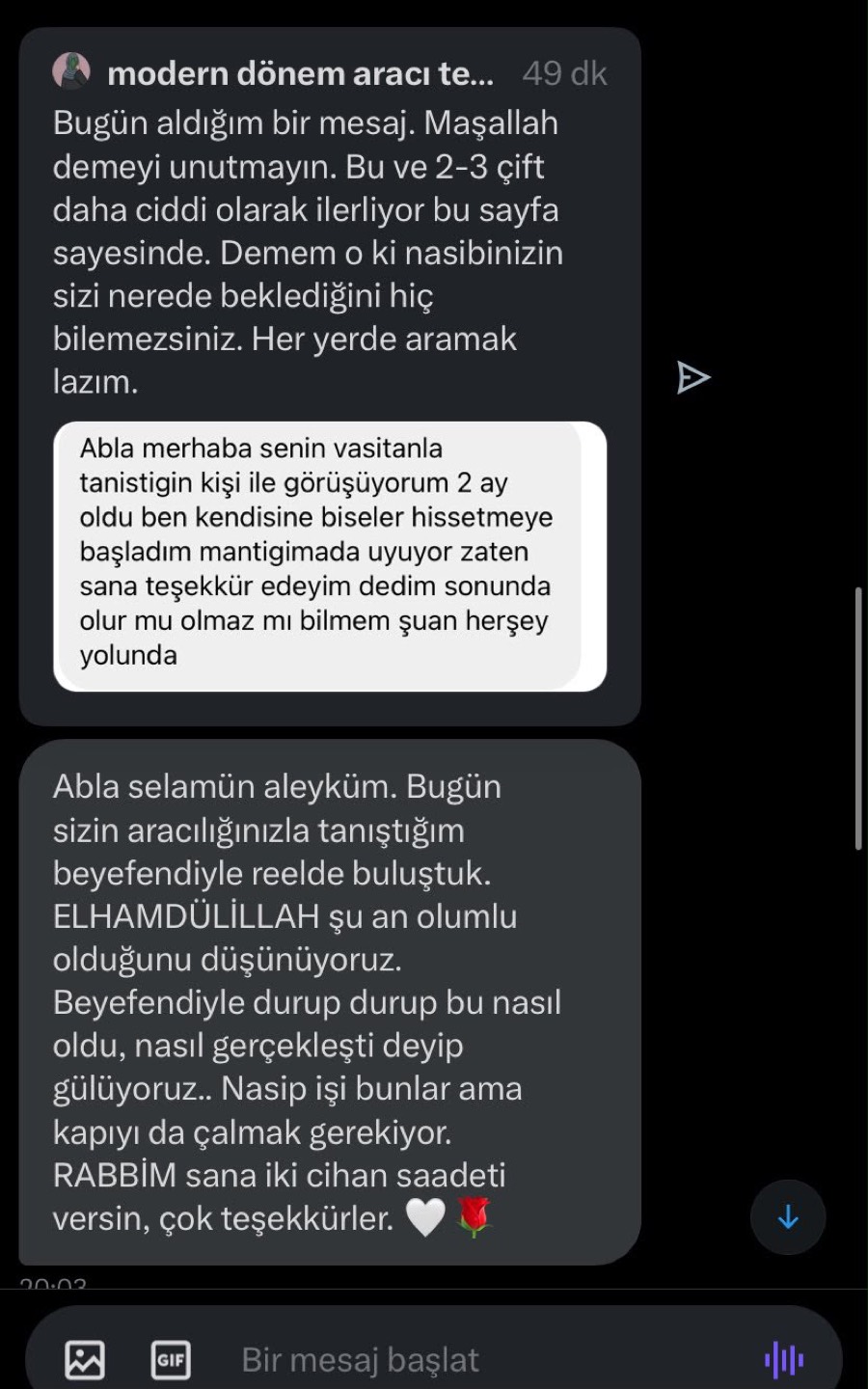 İki mesaj: Tanıştığım beyefendiyle reelde buluştuk, şu an olumlu olduğunu düşünüyoruz.